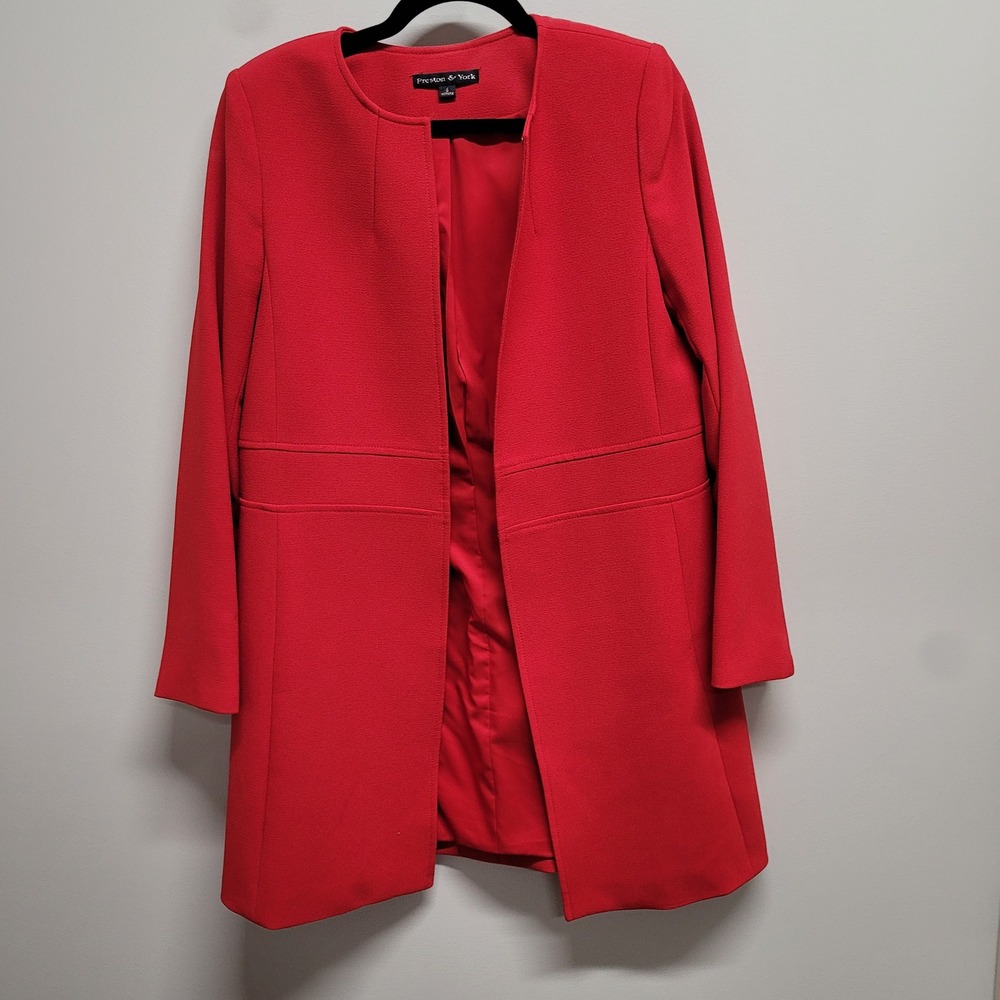 Preston & York Womens Red Collarless Open Front Long Topper Jacket Coat Size 6